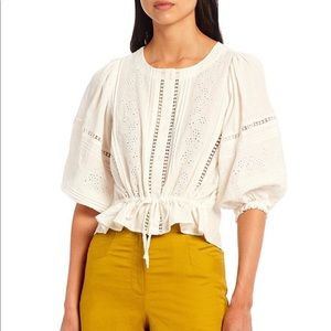 A Loves A - Romantic Puff Sleeve Vintage Embroidered Eyelet Blouse - ivory, XL